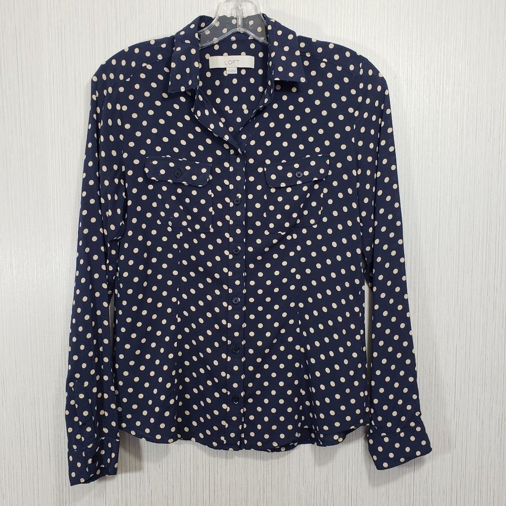 Loft tan colored polka dot‎ button up long sleeve blouse woman's size XS
